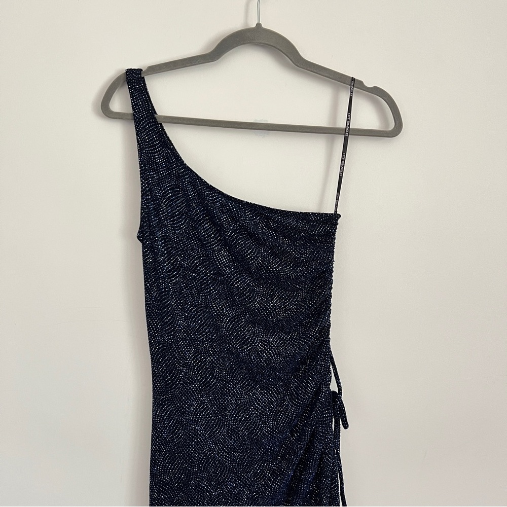 Vintage NWT Blue Sparkle Glitter One Shoulder Y2K Ruched Dress Size L - Picture 4 of 13